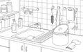 Part of the interior of the kitchen with a sink for washing dishes, a pan, tile and shelves. Black and white vector illust Royalty Free Stock Photo